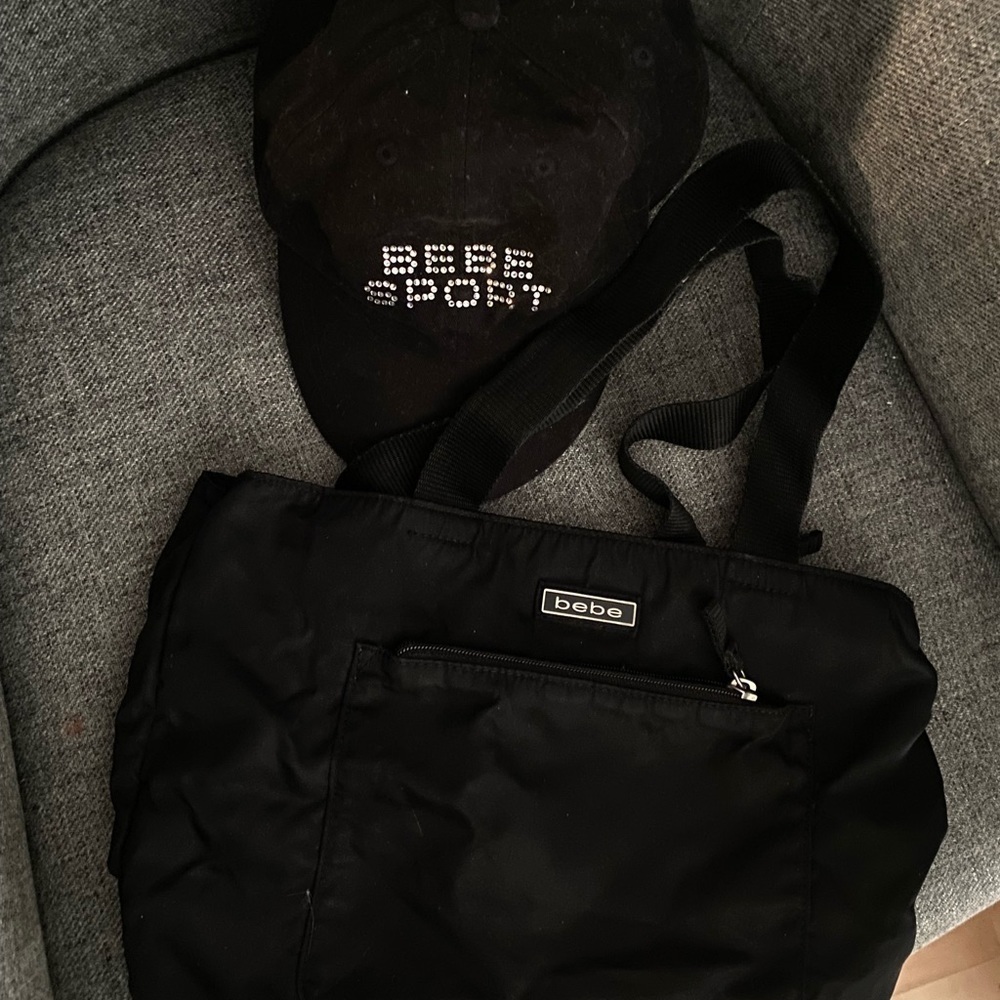 Black Bebe Sport hat and black canvas shoulder bag